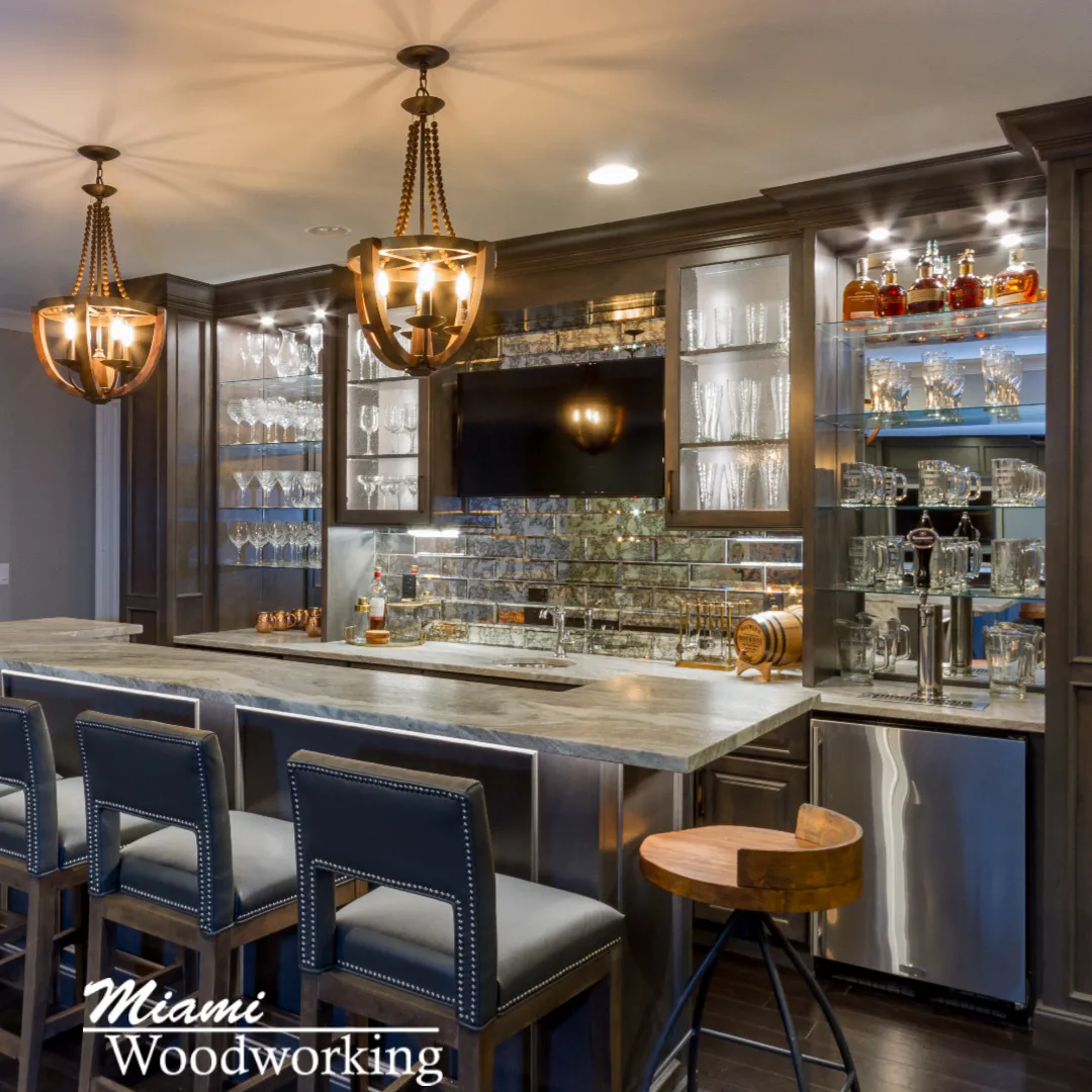 Custom home bar with exotic wood top by Miami Woodworking