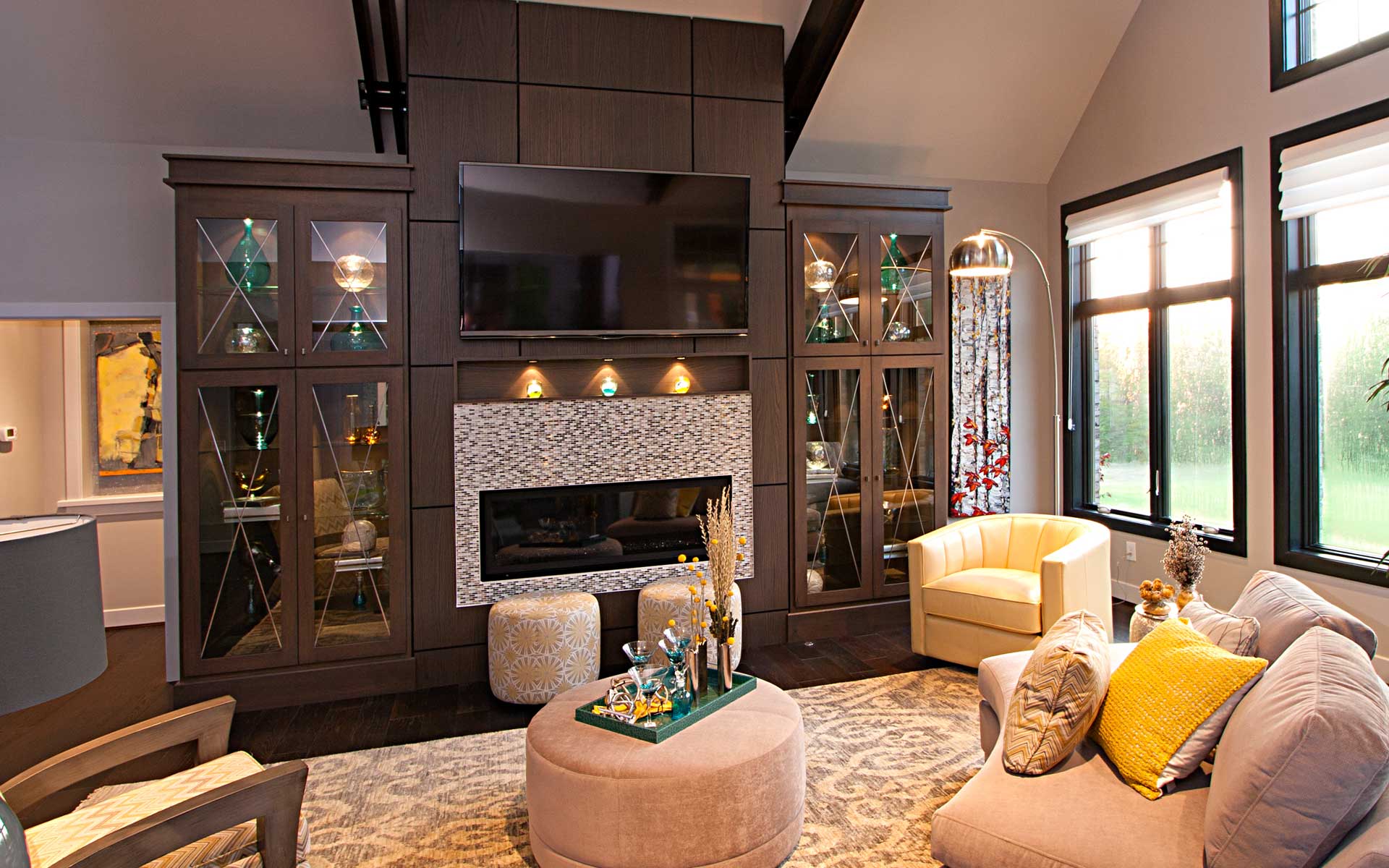 Close-up of a custom fireplace mantel showing rich wood grain detail