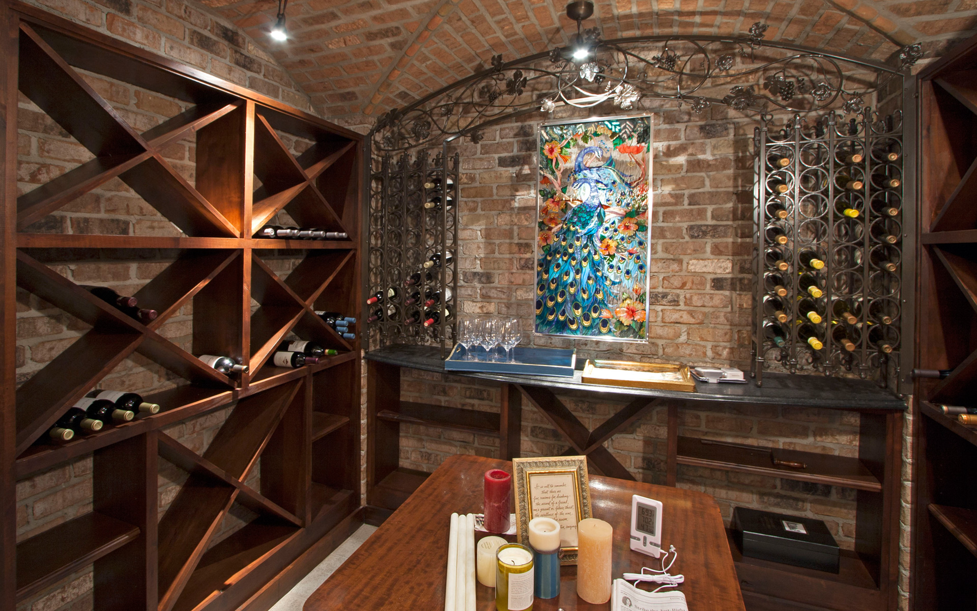 Custom wine cellar with wooden racking built by Miami Woodworking