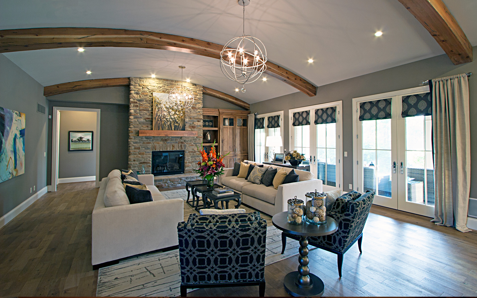 Custom distressed timber beams installed in a living room by Miami Woodworking